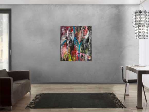 Original Gemälde abstrakt 100x90cm Action Painting Moderne Kunst handgefertigt Mischtechnik schwarz anthrazit rosa Einzelstück