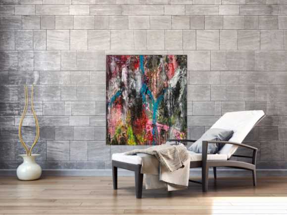 Original Gemälde abstrakt 100x90cm Action Painting Moderne Kunst handgefertigt Mischtechnik schwarz anthrazit rosa Einzelstück