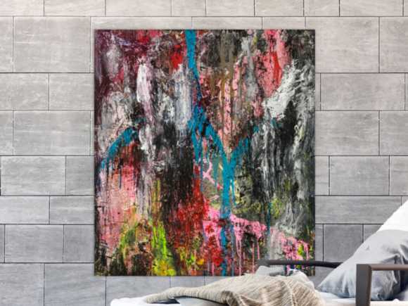 Original Gemälde abstrakt 100x90cm Action Painting Moderne Kunst handgefertigt Mischtechnik schwarz anthrazit rosa Einzelstück