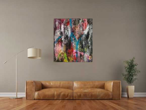 Original Gemälde abstrakt 100x90cm Action Painting Moderne Kunst handgefertigt Mischtechnik schwarz anthrazit rosa Einzelstück