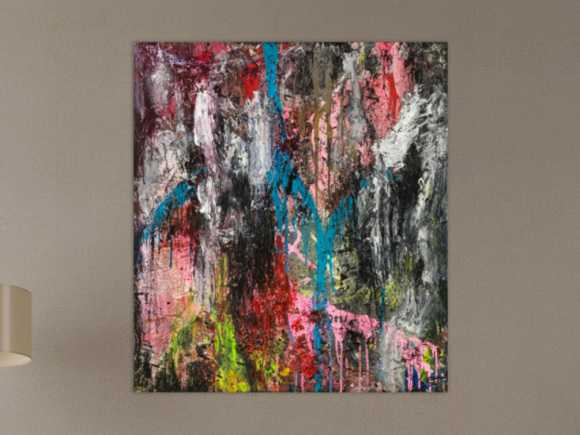 Original Gemälde abstrakt 100x90cm Action Painting Moderne Kunst handgefertigt Mischtechnik schwarz anthrazit rosa Einzelstück