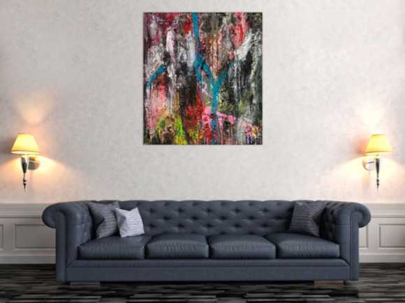 Original Gemälde abstrakt 100x90cm Action Painting Moderne Kunst handgefertigt Mischtechnik schwarz anthrazit rosa Einzelstück