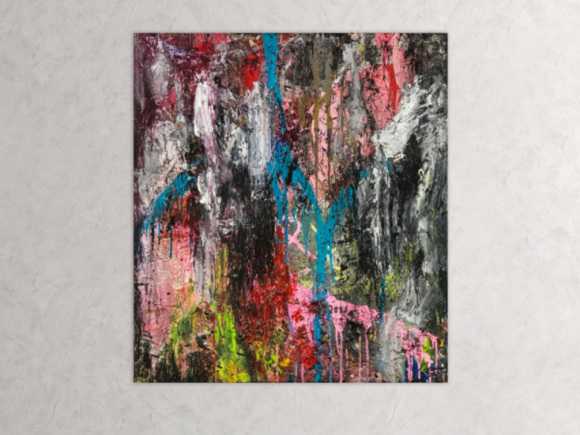 Original Gemälde abstrakt 100x90cm Action Painting Moderne Kunst handgefertigt Mischtechnik schwarz anthrazit rosa Einzelstück