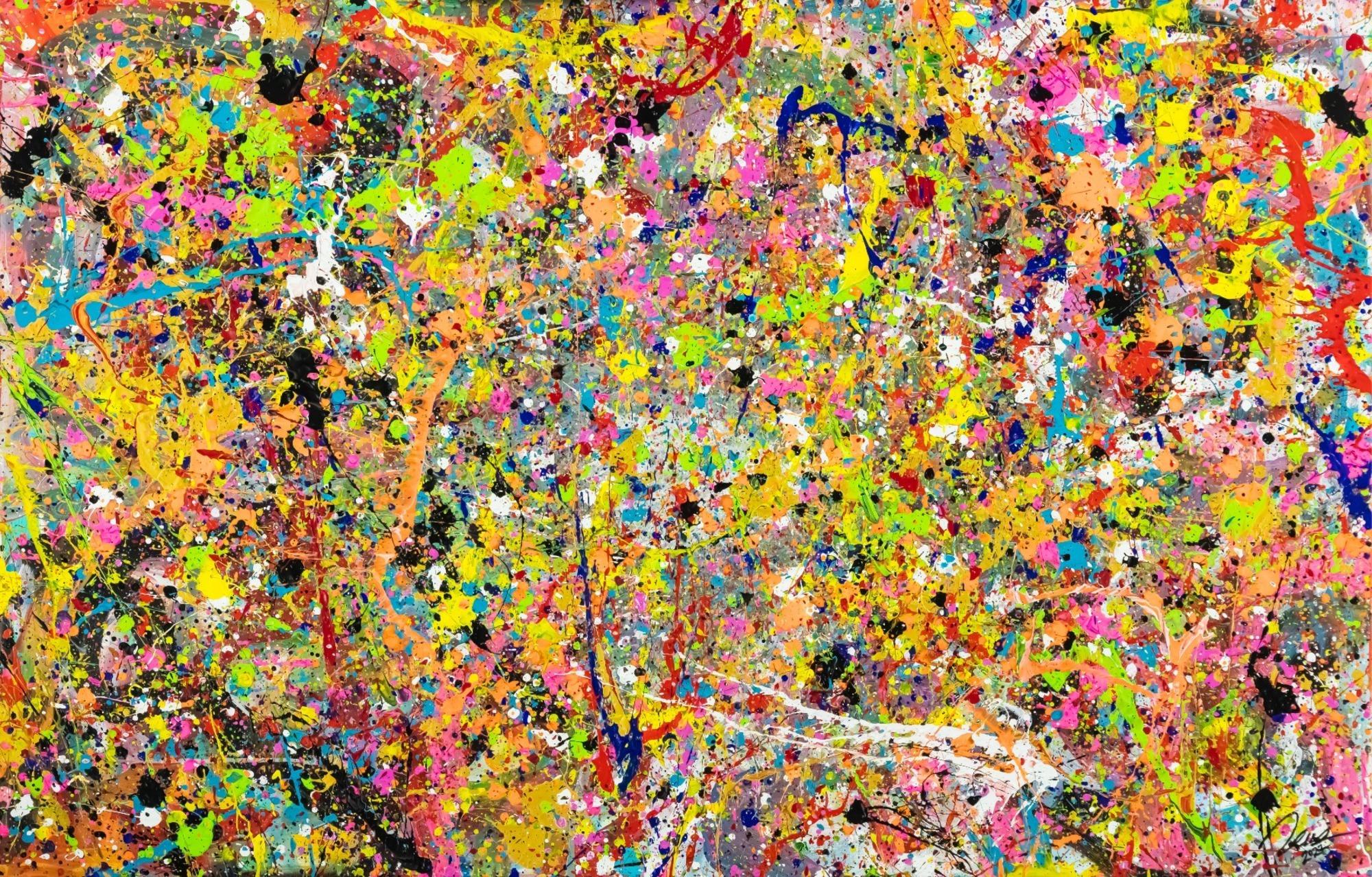 Gemälde Original abstrakt 90x140cm Action Painting Moderne Kunst handgefertigt Action Painting bunt orange gelb Einzelstück