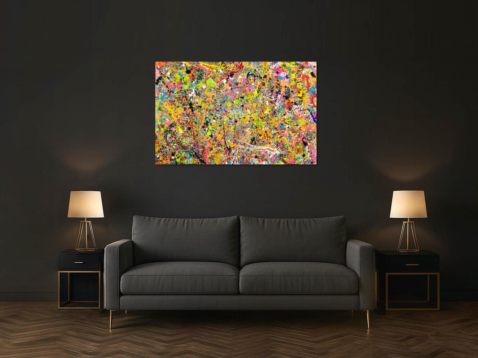 Gemälde Original abstrakt 90x140cm Action Painting Moderne Kunst handgefertigt Action Painting bunt orange gelb Einzelstück