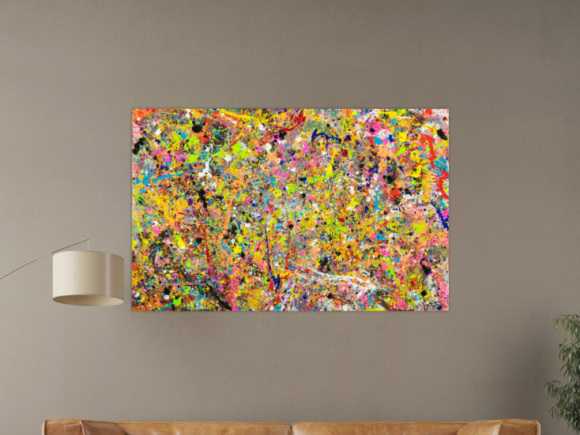 Gemälde Original abstrakt 90x140cm Action Painting Moderne Kunst handgefertigt Action Painting bunt orange gelb Einzelstück