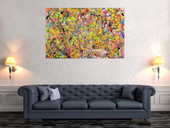 Gemälde Original abstrakt 90x140cm Action Painting Moderne Kunst handgefertigt Action Painting bunt orange gelb Einzelstück