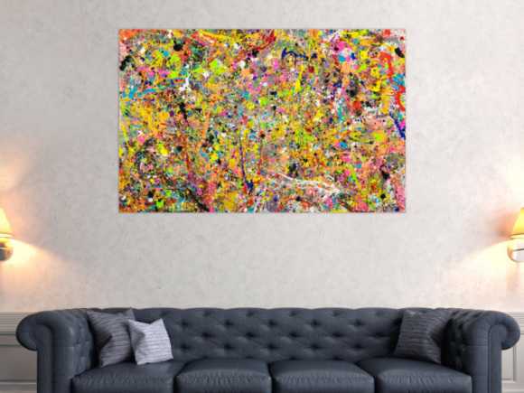 Gemälde Original abstrakt 90x140cm Action Painting Moderne Kunst handgefertigt Action Painting bunt orange gelb Einzelstück