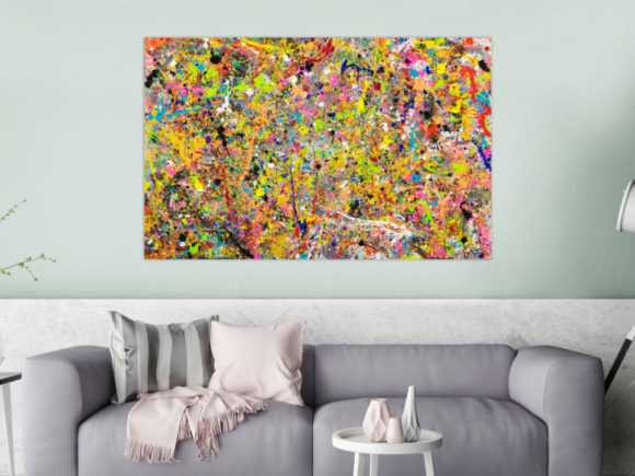 Gemälde Original abstrakt 90x140cm Action Painting Moderne Kunst handgefertigt Action Painting bunt orange gelb Einzelstück
