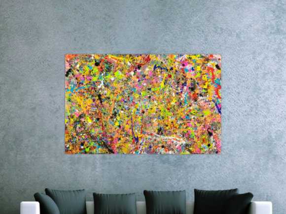 Gemälde Original abstrakt 90x140cm Action Painting Moderne Kunst handgefertigt Action Painting bunt orange gelb Einzelstück