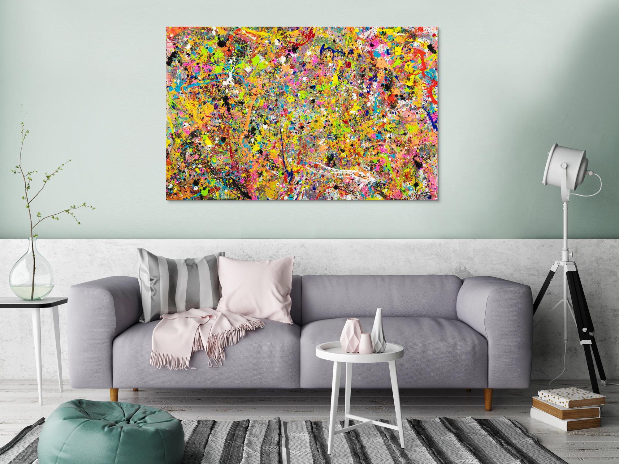 Gemälde Original abstrakt 90x140cm Action Painting Moderne Kunst handgefertigt Action Painting bunt orange gelb Einzelstück