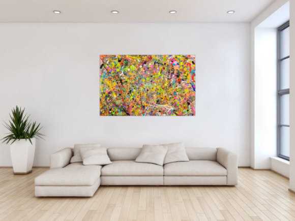 Gemälde Original abstrakt 90x140cm Action Painting Moderne Kunst handgefertigt Action Painting bunt orange gelb Einzelstück