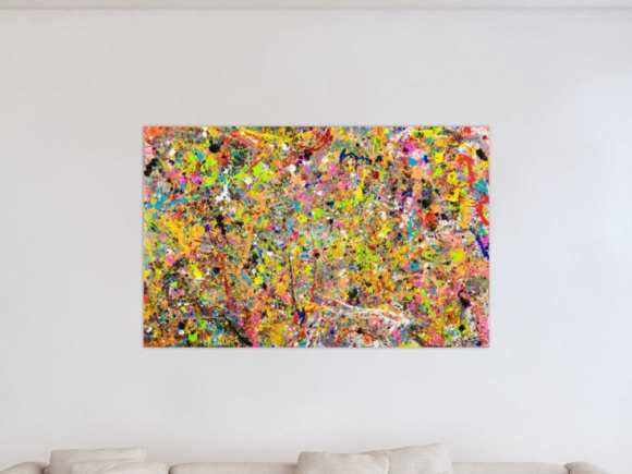 Gemälde Original abstrakt 90x140cm Action Painting Moderne Kunst handgefertigt Action Painting bunt orange gelb Einzelstück