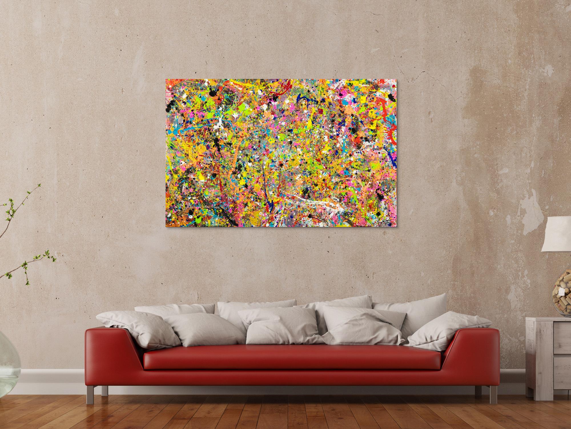 Gemälde Original abstrakt 90x140cm Action Painting Moderne Kunst handgefertigt Action Painting bunt orange gelb Einzelstück