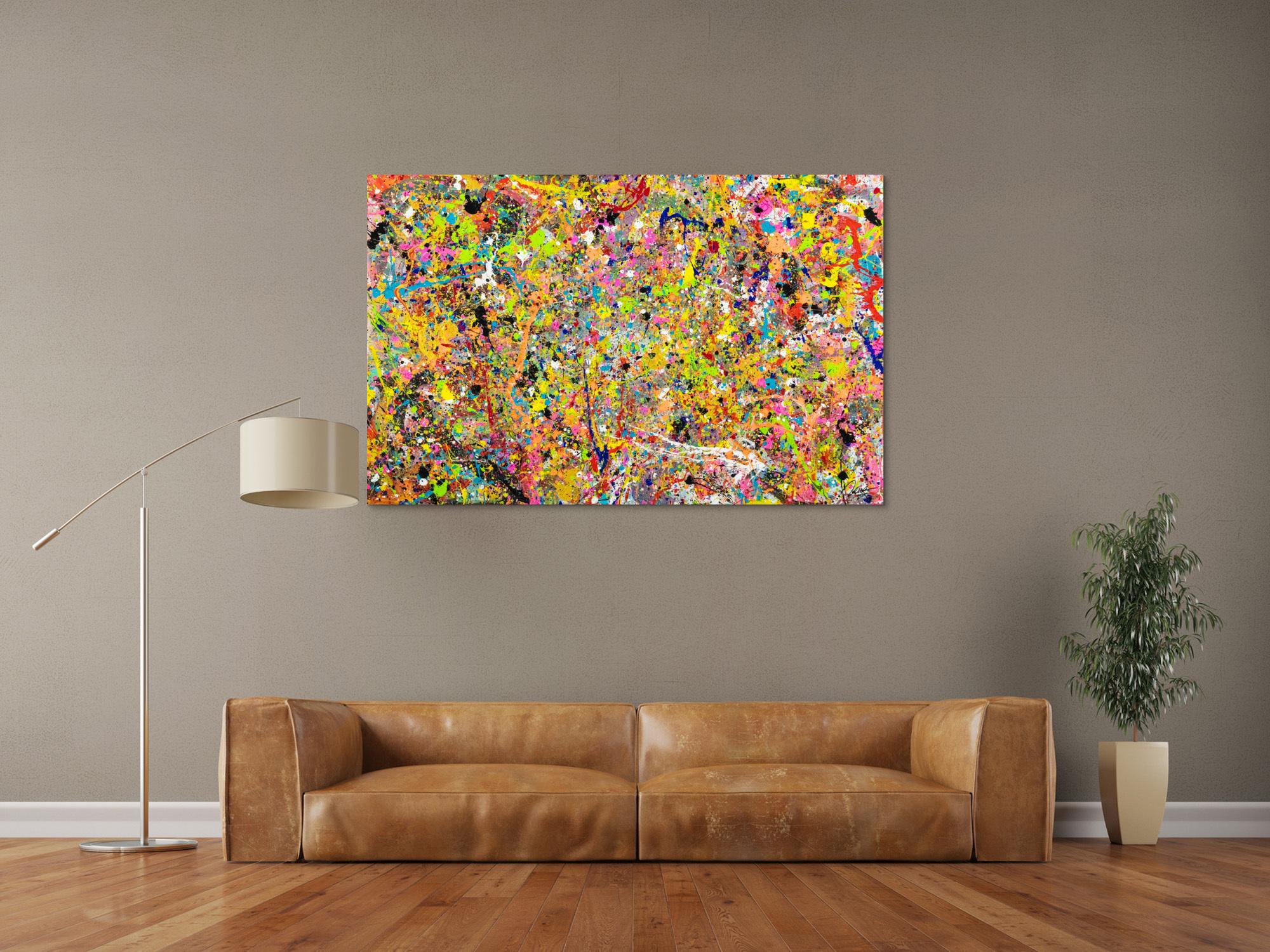 Gemälde Original abstrakt 90x140cm Action Painting Moderne Kunst handgefertigt Action Painting bunt orange gelb Einzelstück