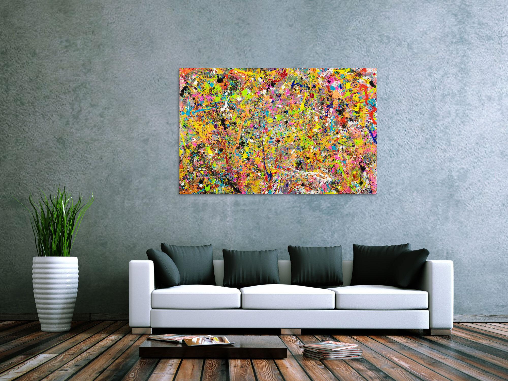 Gemälde Original abstrakt 90x140cm Action Painting Moderne Kunst handgefertigt Action Painting bunt orange gelb Einzelstück