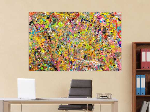 Gemälde Original abstrakt 90x140cm Action Painting Moderne Kunst handgefertigt Action Painting bunt orange gelb Einzelstück