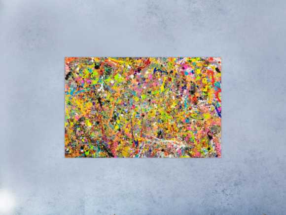 Gemälde Original abstrakt 90x140cm Action Painting Moderne Kunst handgefertigt Action Painting bunt orange gelb Einzelstück