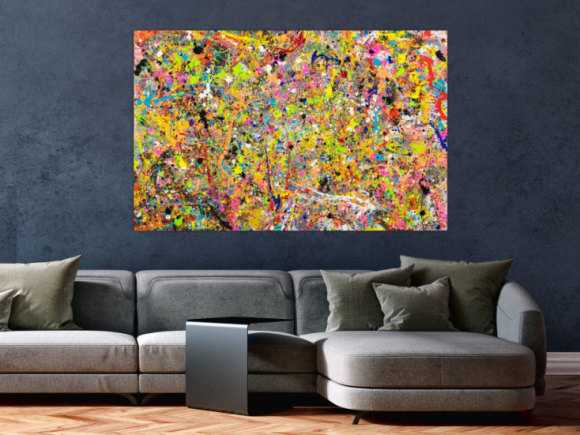 Gemälde Original abstrakt 90x140cm Action Painting Moderne Kunst handgefertigt Action Painting bunt orange gelb Einzelstück