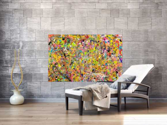 Gemälde Original abstrakt 90x140cm Action Painting Moderne Kunst handgefertigt Action Painting bunt orange gelb Einzelstück