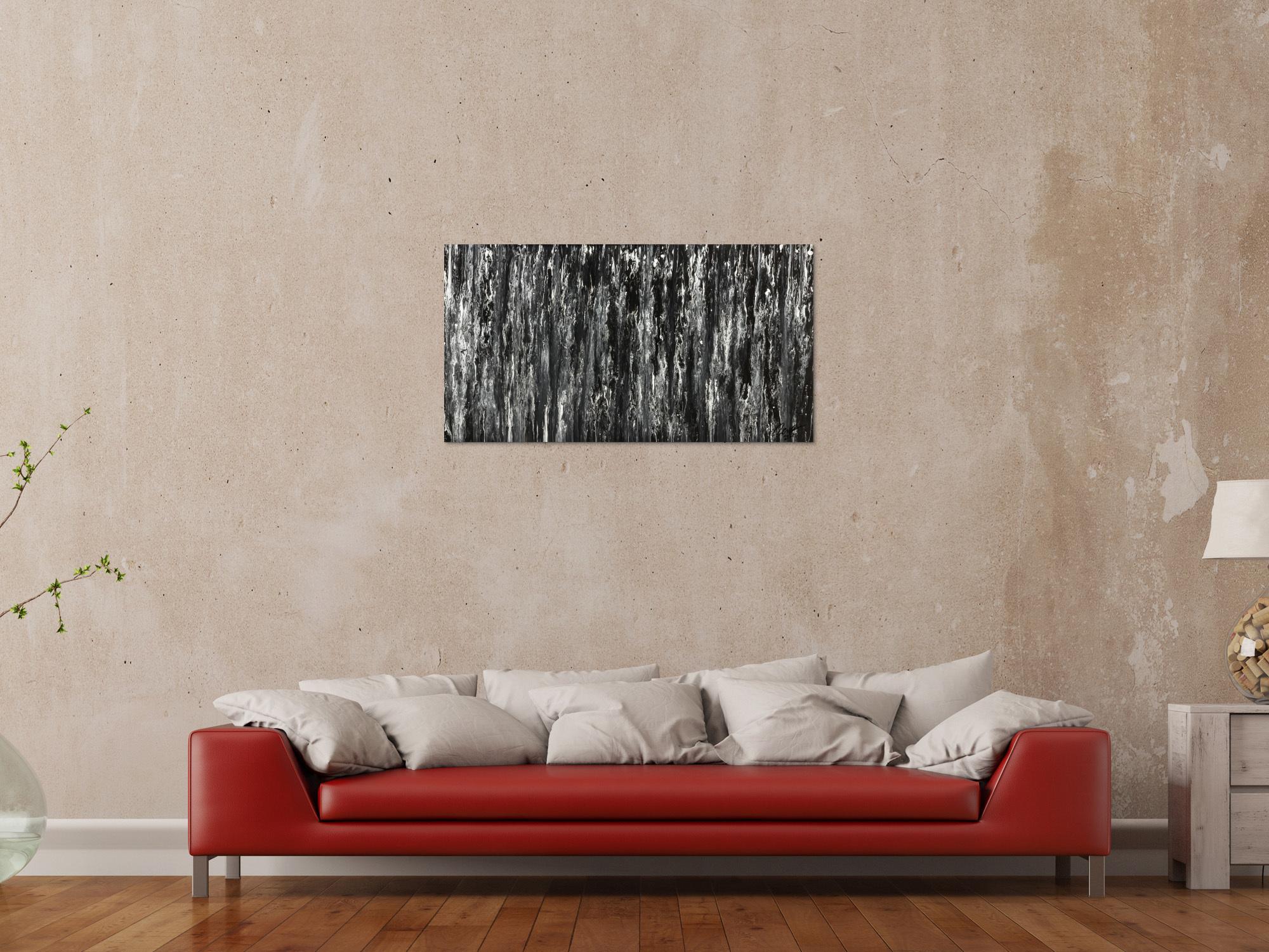 Original Gemälde abstrakt 60x100cm Minimalistisch expressionistisch handgemalt Fluid Painting schwarz weiß schwarz weiss Einzelstück