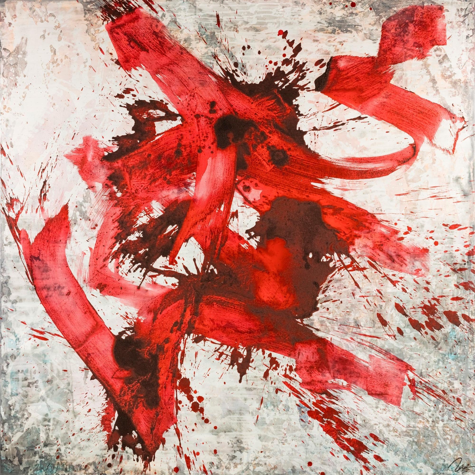 Abstraktes Original Gemälde 195x195cm Minimalistisch Moderne Kunst auf Leinwand Action Painting rot weiß grau einzigartig