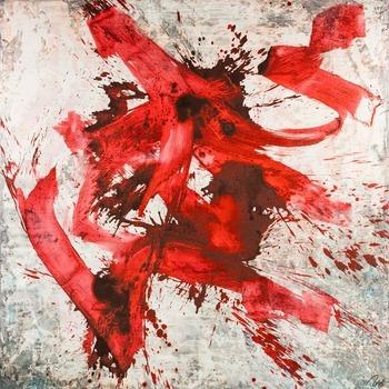 Abstraktes Original Gemälde 195x195cm Minimalistisch Moderne Kunst auf Leinwand Action Painting rot weiß grau einzigartig