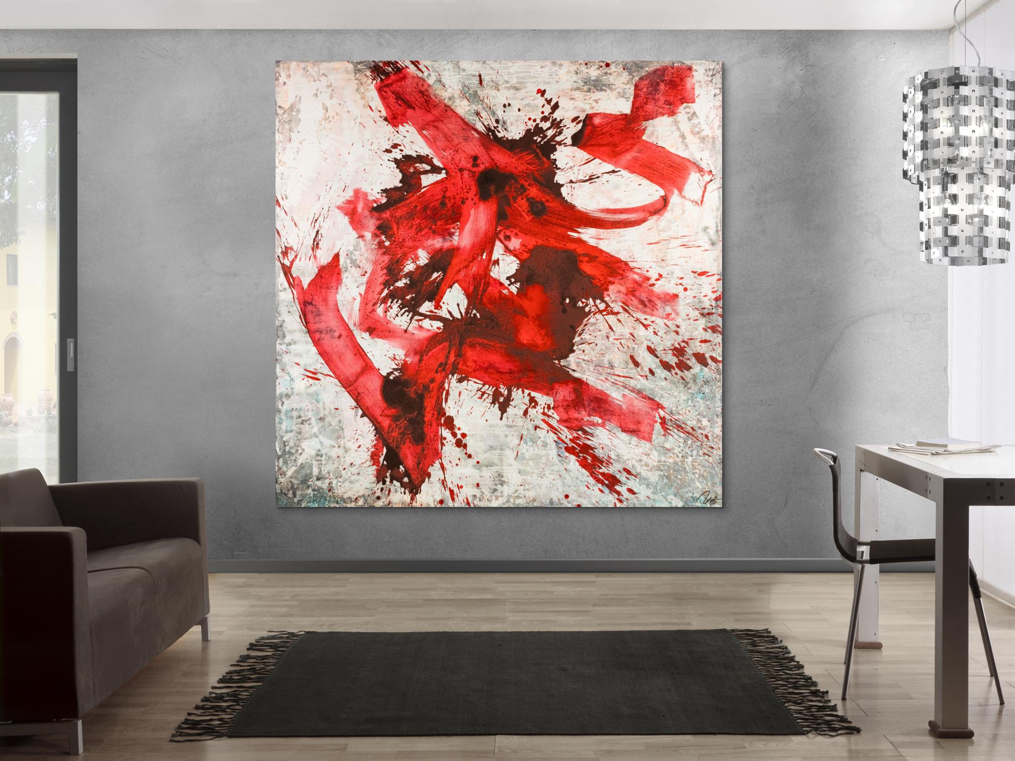 Abstraktes Original Gemälde 195x195cm Minimalistisch Moderne Kunst auf Leinwand Action Painting rot weiß grau einzigartig