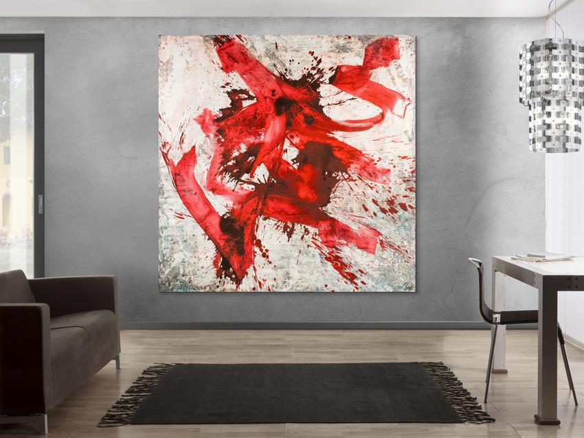 Abstraktes Original Gemälde 195x195cm Minimalistisch Moderne Kunst auf Leinwand Action Painting rot weiß grau einzigartig
