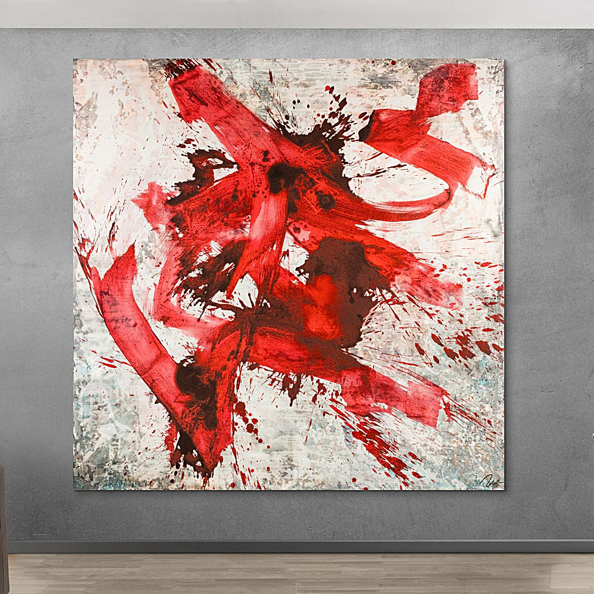 Abstraktes Original Gemälde 195x195cm Minimalistisch Moderne Kunst auf Leinwand Action Painting rot weiß grau einzigartig