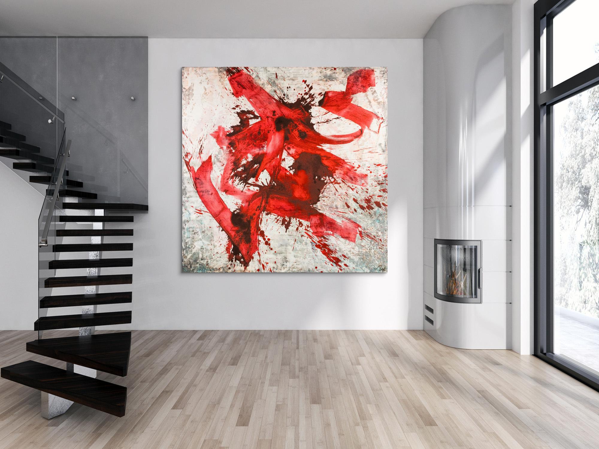 Abstraktes Original Gemälde 195x195cm Minimalistisch Moderne Kunst auf Leinwand Action Painting rot weiß grau einzigartig