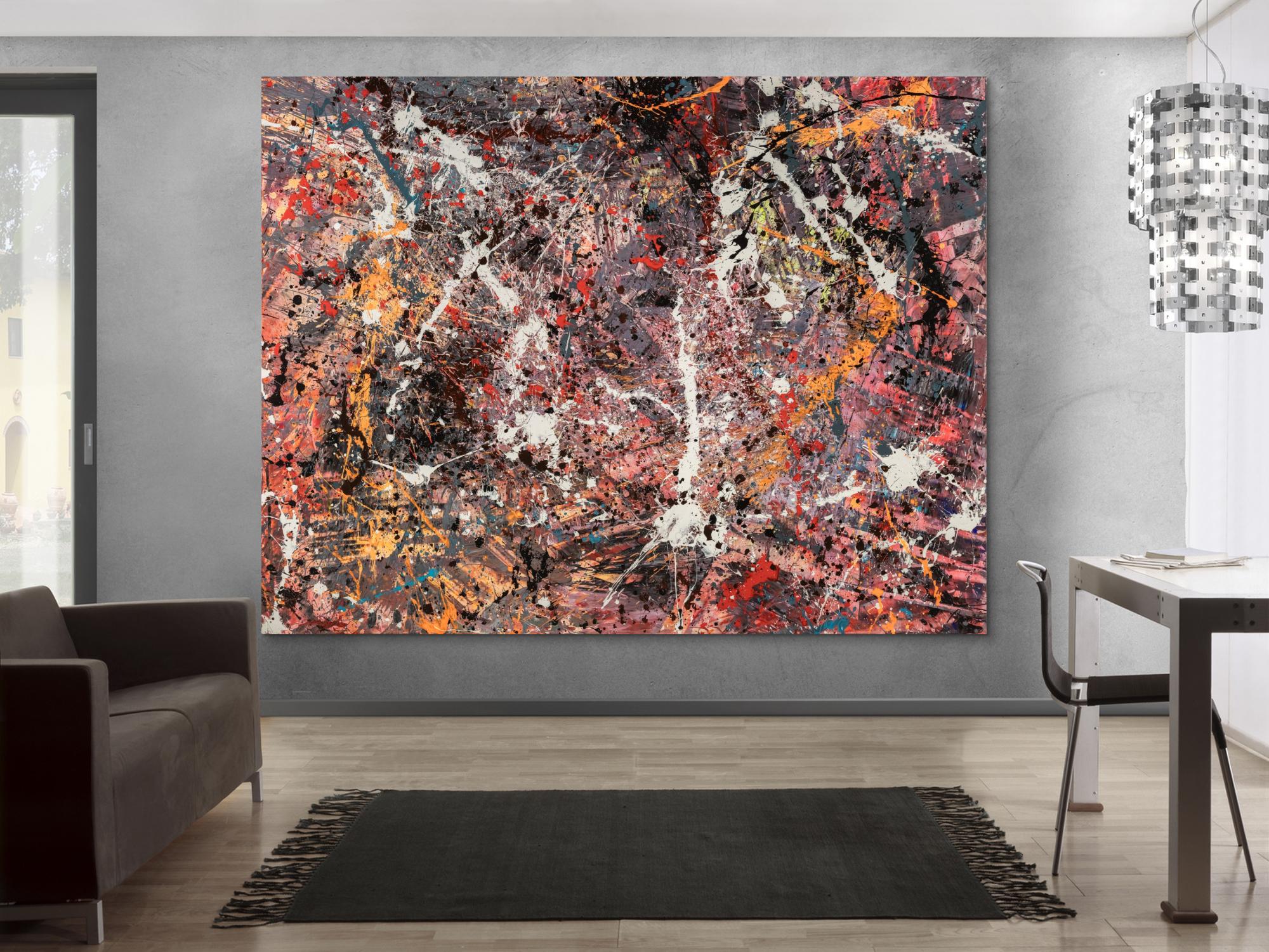 Gemälde Original abstrakt 195x250cm Action Painting expressionistisch handgefertigt Splash Art schwarz orange weiß hochwertig