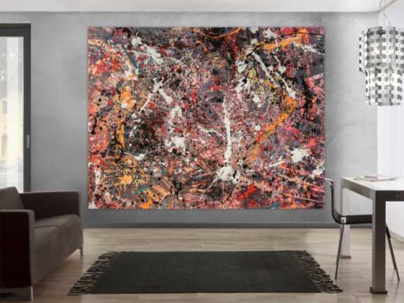 Gemälde Original abstrakt 195x250cm Action Painting expressionistisch handgefertigt Splash Art schwarz orange weiß hochwertig