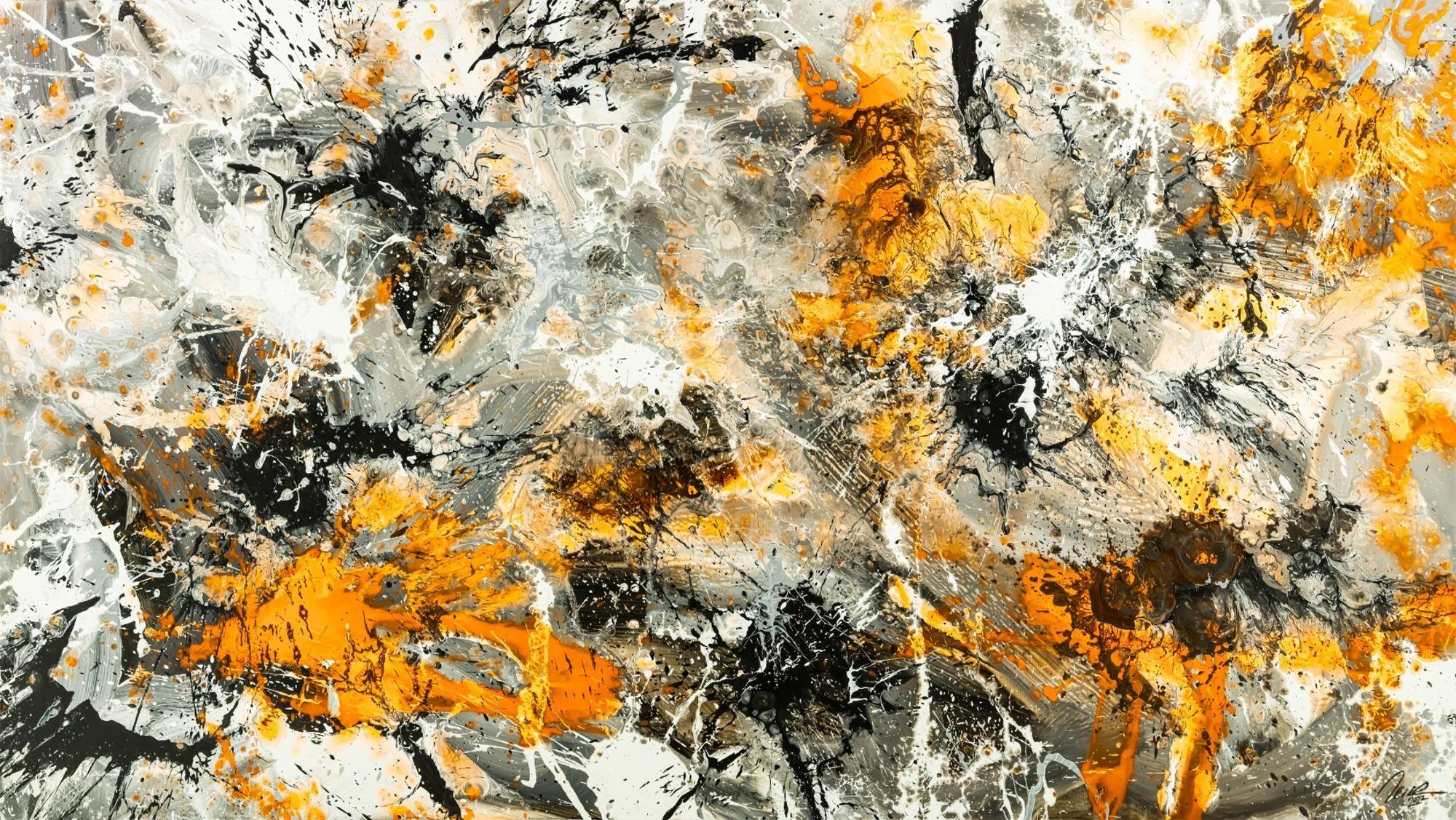 Gemälde Original abstrakt 130x230cm Action Painting zeitgenössisch handgemalt Splash Art weiß neon orange anthrazit schwarz