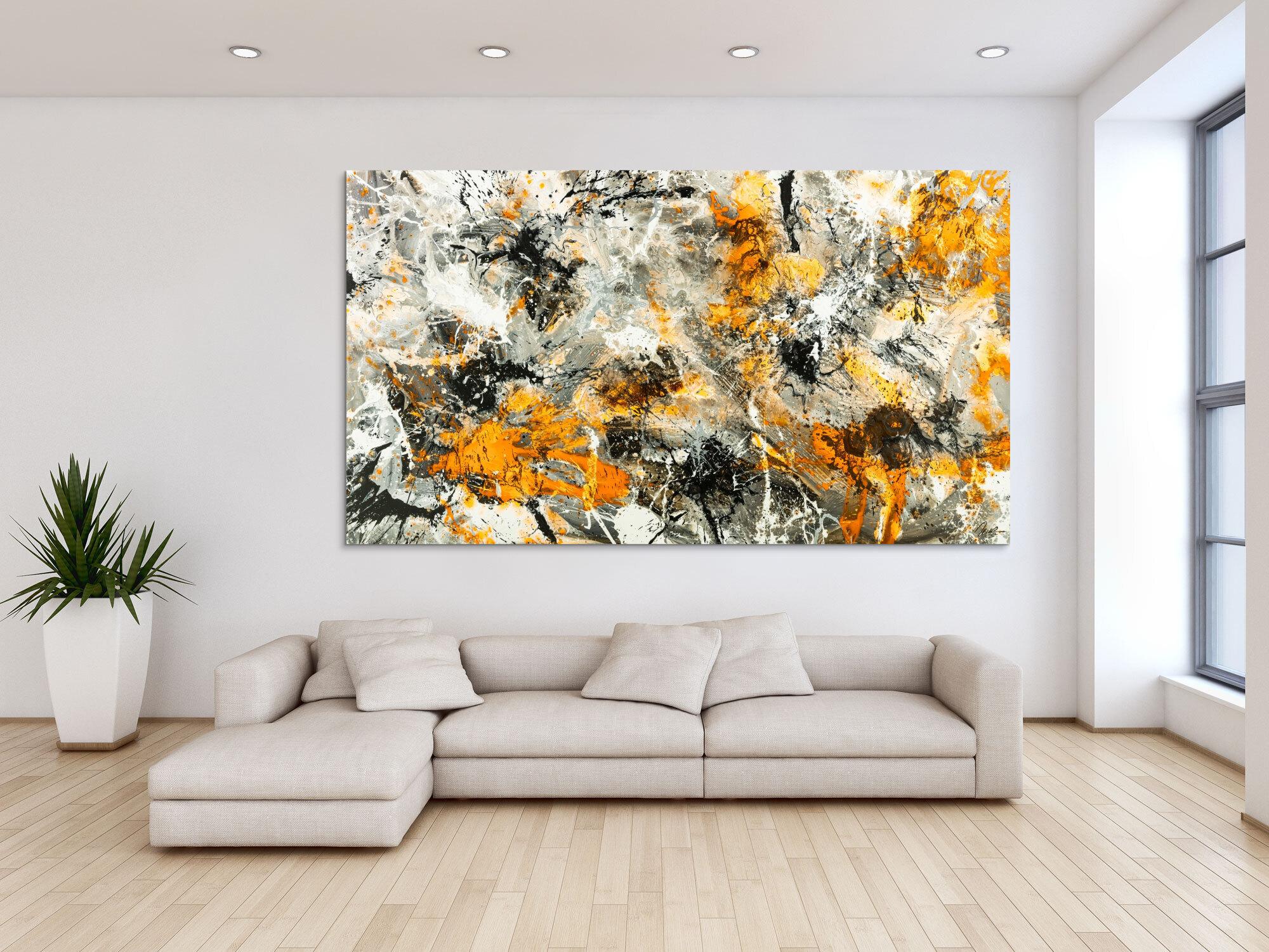 Gemälde Original abstrakt 130x230cm Action Painting zeitgenössisch handgemalt Splash Art weiß neon orange anthrazit schwarz