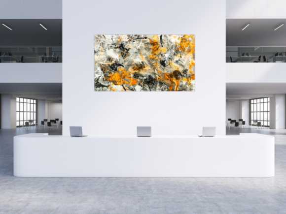 Gemälde Original abstrakt 130x230cm Action Painting zeitgenössisch handgemalt Splash Art weiß neon orange anthrazit schwarz