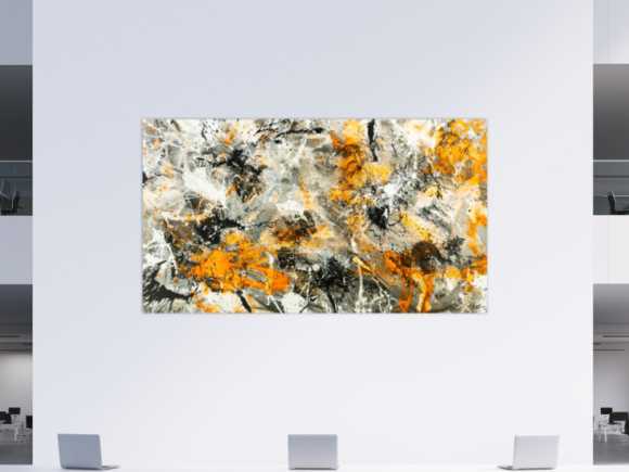 Gemälde Original abstrakt 130x230cm Action Painting zeitgenössisch handgemalt Splash Art weiß neon orange anthrazit schwarz