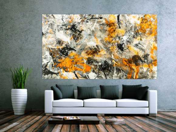 Gemälde Original abstrakt 130x230cm Action Painting zeitgenössisch handgemalt Splash Art weiß neon orange anthrazit schwarz