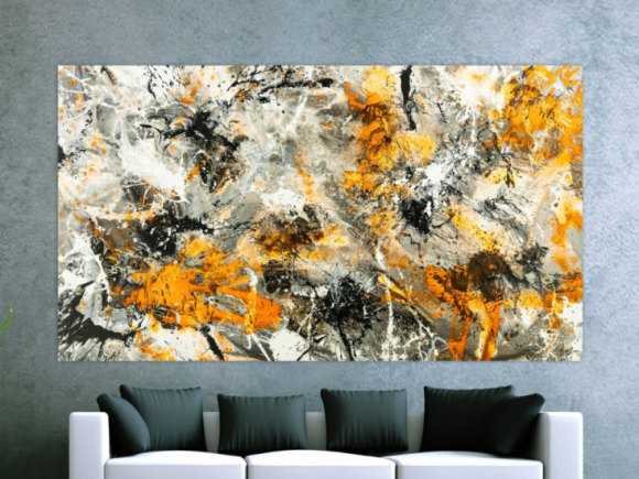 Gemälde Original abstrakt 130x230cm Action Painting zeitgenössisch handgemalt Splash Art weiß neon orange anthrazit schwarz