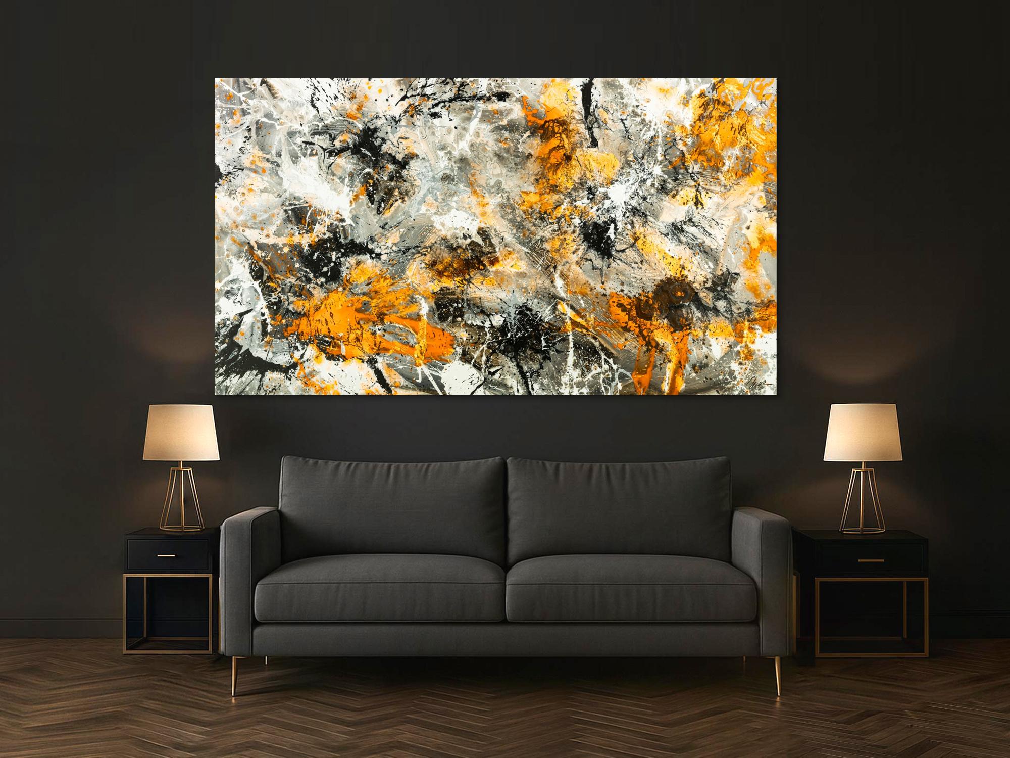 Gemälde Original abstrakt 130x230cm Action Painting zeitgenössisch handgemalt Splash Art weiß neon orange anthrazit schwarz