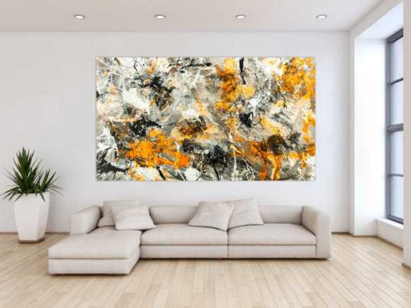 Gemälde Original abstrakt 130x230cm Action Painting zeitgenössisch handgemalt Splash Art weiß neon orange anthrazit schwarz