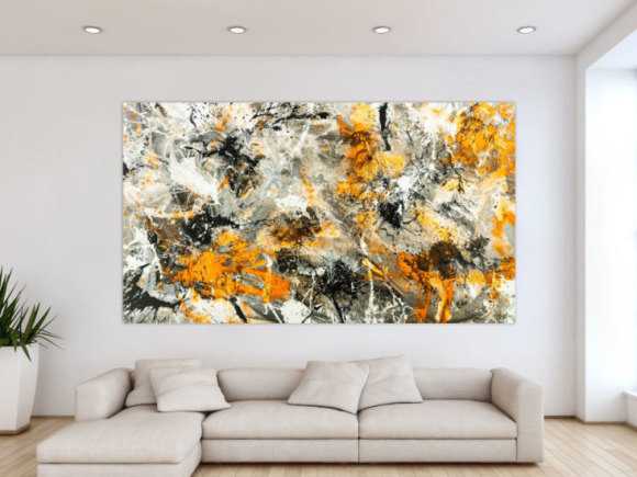 Gemälde Original abstrakt 130x230cm Action Painting zeitgenössisch handgemalt Splash Art weiß neon orange anthrazit schwarz