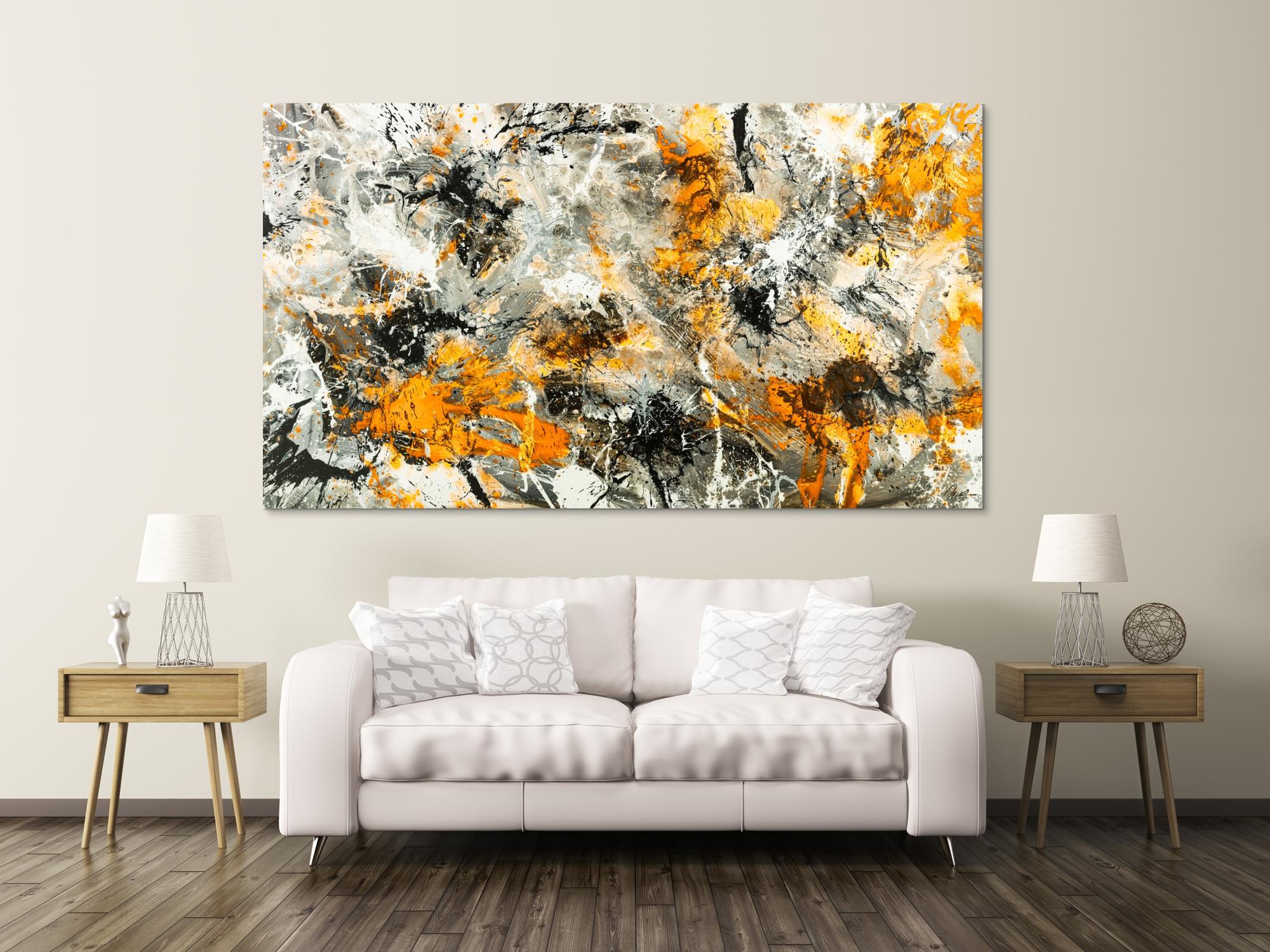 Gemälde Original abstrakt 130x230cm Action Painting zeitgenössisch handgemalt Splash Art weiß neon orange anthrazit schwarz