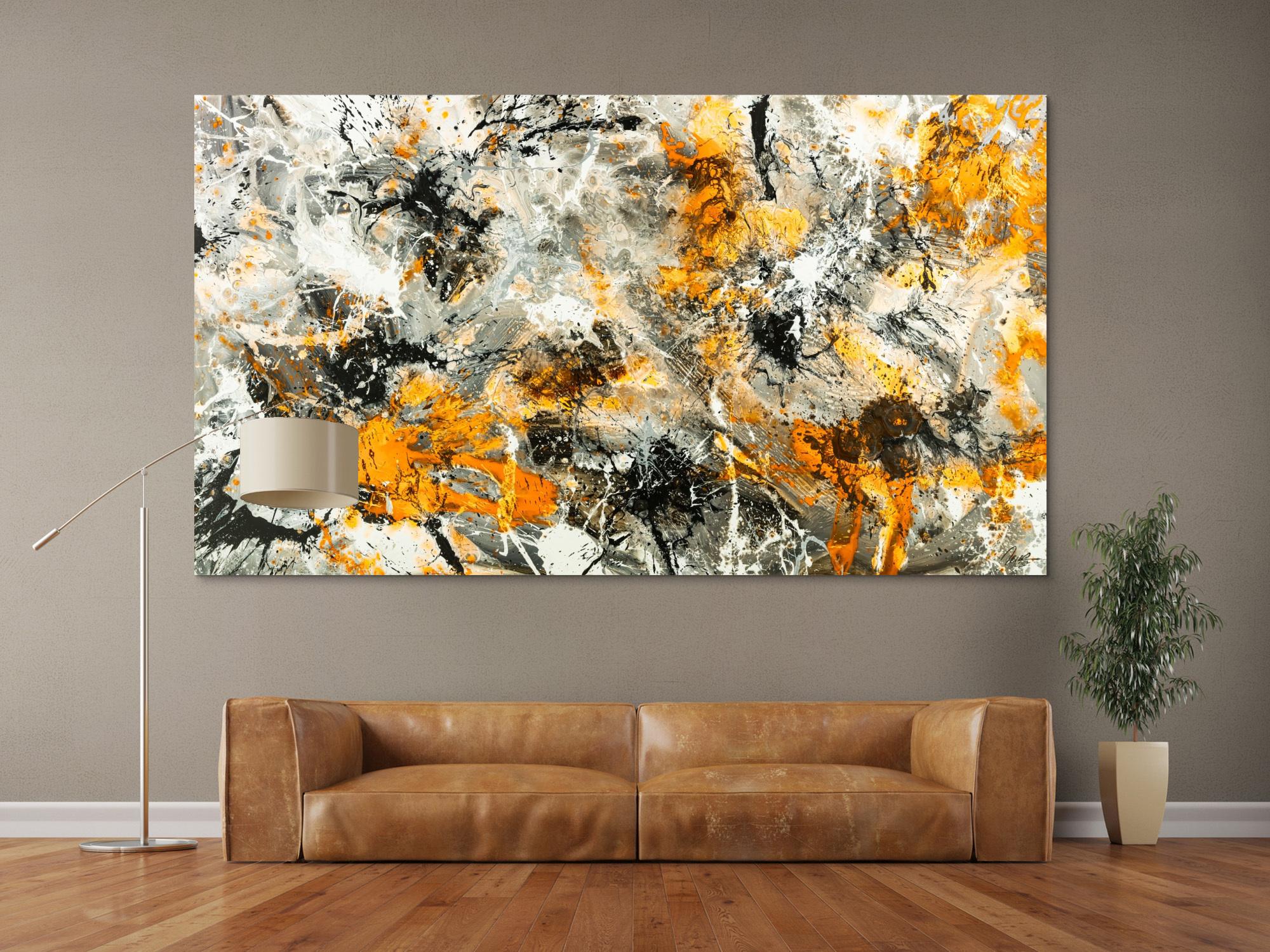 Gemälde Original abstrakt 130x230cm Action Painting zeitgenössisch handgemalt Splash Art weiß neon orange anthrazit schwarz