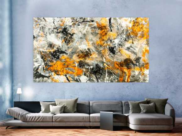 Gemälde Original abstrakt 130x230cm Action Painting zeitgenössisch handgemalt Splash Art weiß neon orange anthrazit schwarz