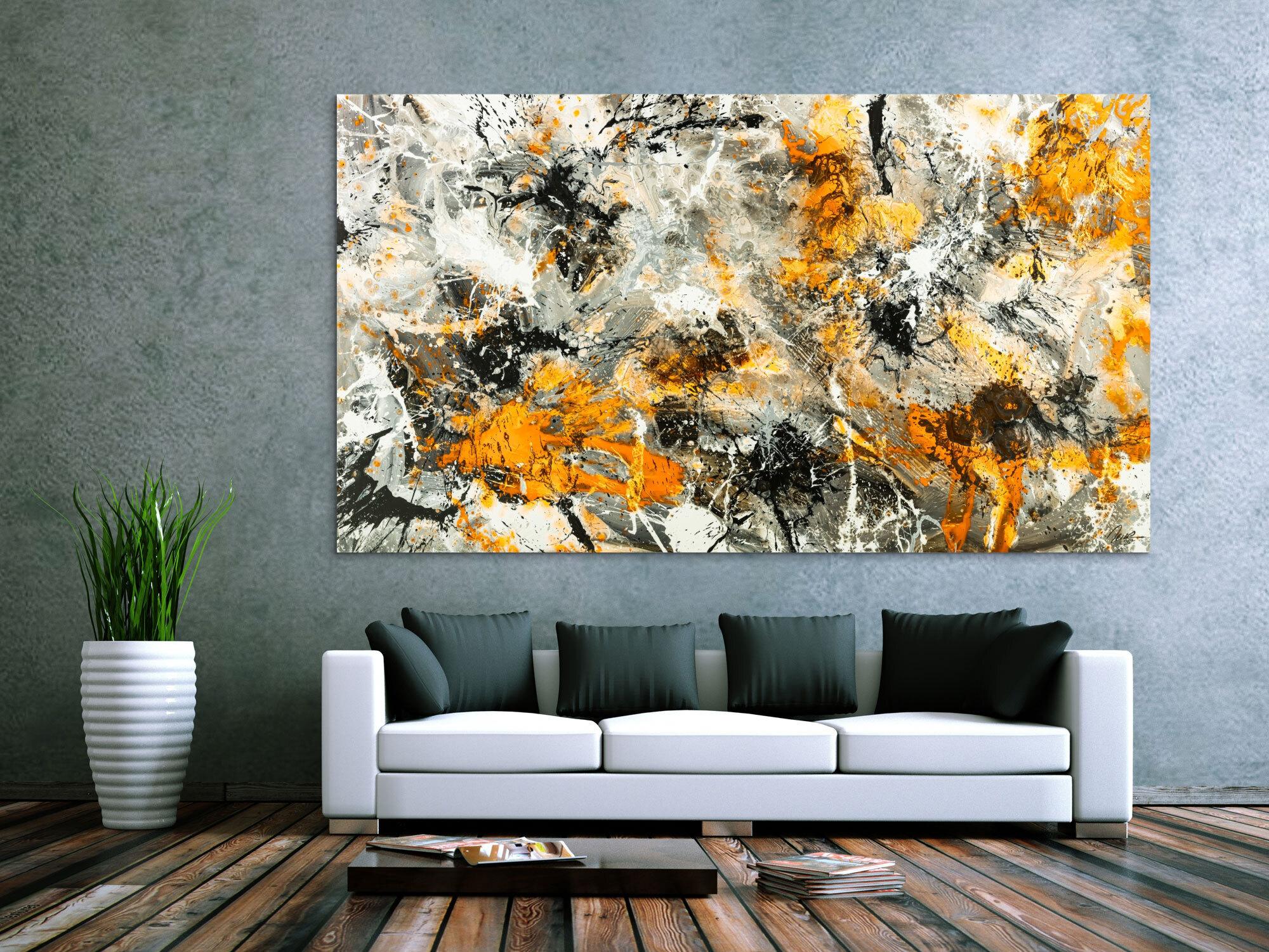 Gemälde Original abstrakt 130x230cm Action Painting zeitgenössisch handgemalt Splash Art weiß neon orange anthrazit schwarz