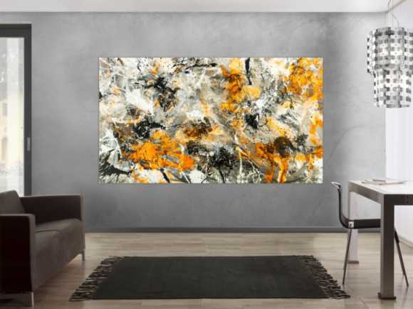 Gemälde Original abstrakt 130x230cm Action Painting zeitgenössisch handgemalt Splash Art weiß neon orange anthrazit schwarz