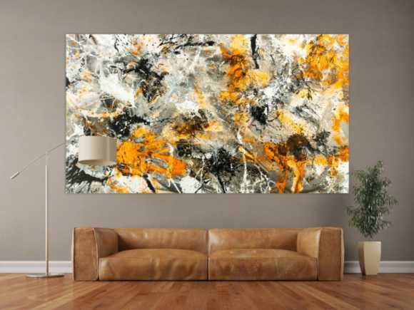 Gemälde Original abstrakt 130x230cm Action Painting zeitgenössisch handgemalt Splash Art weiß neon orange anthrazit schwarz