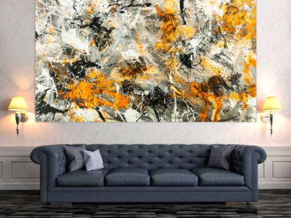 Gemälde Original abstrakt 130x230cm Action Painting zeitgenössisch handgemalt Splash Art weiß neon orange anthrazit schwarz