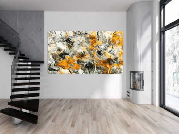 Gemälde Original abstrakt 130x230cm Action Painting zeitgenössisch handgemalt Splash Art weiß neon orange anthrazit schwarz